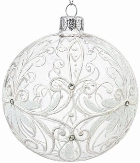 Julepynt, glas julekugler gennemsigtig mat med hvid dekoration. Ø 10cm