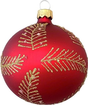 Visuelt slående intense røde matte glas julekugle med guldblade. Ø 8cm