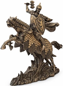 Majestætisk bronzefigur af middelalder ridder på hest. Til stuepynt