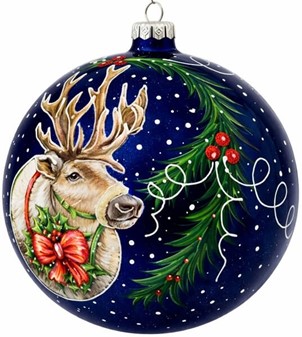 Fremstillet i Polen stor julekugle i blå med julemandens rensdyr,15 cm