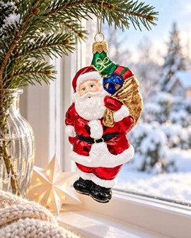 Juletræspynt figurer. Håndlavet glas julemanden med sæk fuld af gaver