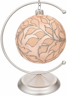 Laksefarvede julekugler med sølvglitter plantemotiver. Ø 10 cm, 6 stk
