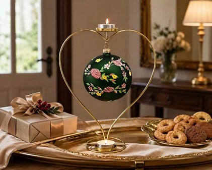 Håndmalede julekugle Polen i grøn mat med rosenrød dekoration. Ø 12 cm
