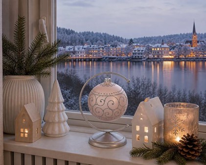 Polske lyserøde glas julekugler med sølv plantemotiver. Ø 10 cm, 6 stk
