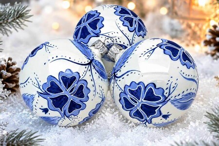 Juledekorationer i glas. Julekugler i porcelæn hvid med blå blomster