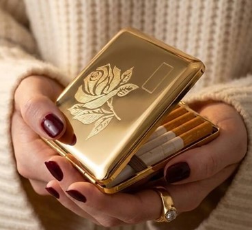 Forgyldt Cigaretetui med Rose. Unikke Valentinsdag Gave til Hende