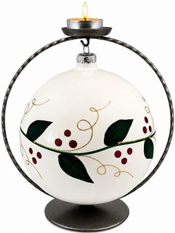 Store julekugler i hvid. Porcelæn blank finish med grøn blade, Ø 15cm