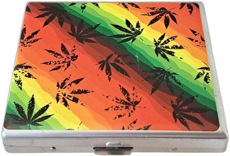 Cigaret etui metal med levende Rasta farver og cannabis blade