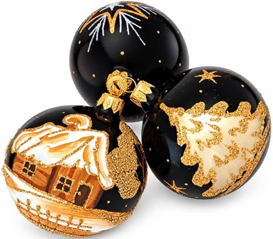 Sorte julekugler med tre forskellige julemotiver i guld, Ø 8 cm 6 stk