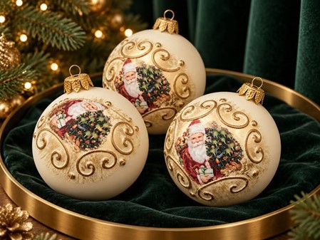 Nostalgisk julepynt: Hvide julekugler med julemand. Ø 8 cm, 6 stk