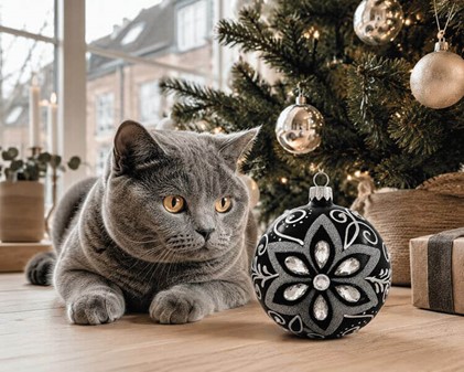 Flot sort julekugle dekoreret med gennemsigtig krystaller. Ø 10 cm