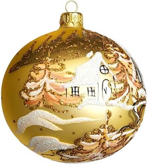 Juletræspynt. Flotte julekugler glas guld med julemotiver. Ø 10cm 6stk