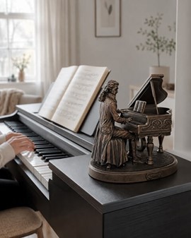 STUE INDRETNING. Unik og realistisk skulptur af Mozart ved klaveret