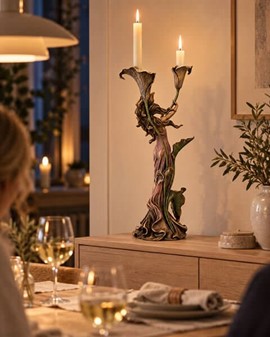 GOD BRYLLUPSGAVE. Art Nouveau lysestage - figur, en kvinde med lilje