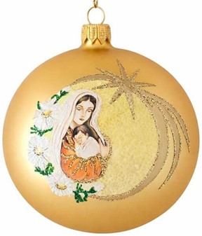 Eksklusiv Julekugle. Gør julen magisk med Maria og Jesus i guld. 10 cm