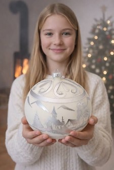 Unik stor mælkefarvet julekugle mat med sølv vinterlandskab. Ø 15 cm