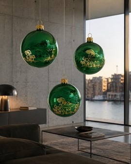 Juletræspynt glas. Gennemsigtig grøn julekugle med svampe, Ø 8 cm