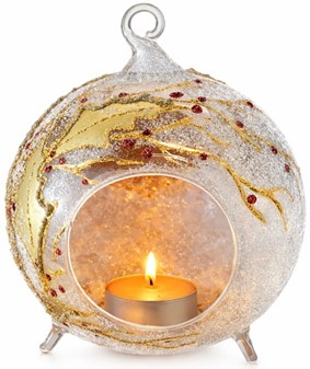 Unik glas julekugle i form lysestage-lanterne med guld vintermotiv