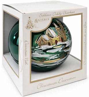 Fantastiske glas julekugle i funklende grøn med vintermotiv. Ø 20 cm