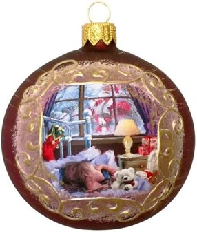 Polsk julekugle i mørk lilla mat farve med barn i sengen og julemanden