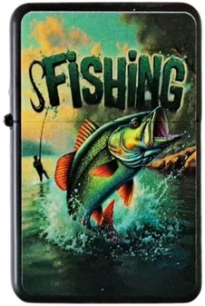 BENZIN LIGHTER. Benzindrevet billig lighter med cool fiskeprint