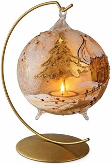 Unik glas julekugle i form lysestage-lanterne med guld vintermotiv
