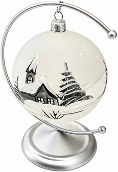 Julekugle glas i gennemsigtig mat hvid med en vinterlandskab. Ø 10 cm