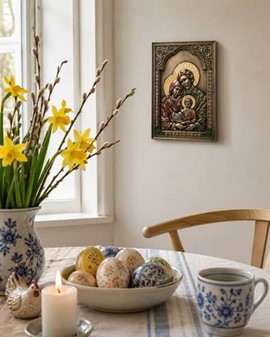 Den Hellige Familie Ikon. Bronze vægdekoration med religiøs betydning