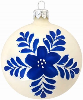 Polske, glas julekugler i porcelænhvid med blåt landskab. 8 cm. 6 stk