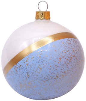Polsk glas jule kugle i hvid emaljefarve med blå bund. Ø80 mm, 6 stk