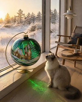 Fantastiske glas julekugle i funklende grøn med vintermotiv. Ø 20 cm