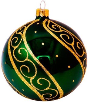 Jule glaskugler i grøn blankfarve med gulddekoration. Ø 8 cm, 6 stk