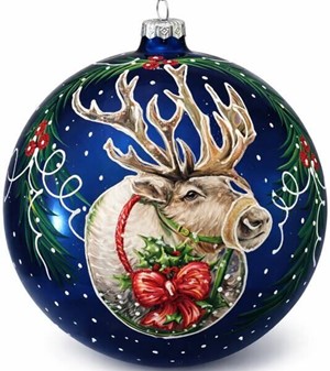 Fremstillet i Polen stor julekugle i blå med julemandens rensdyr,15 cm