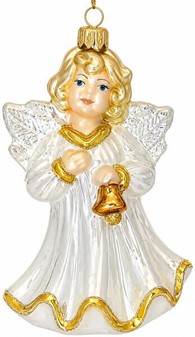 Jule glas figur fra Polen. Sød engel i hvid med klokke. H: 16 cm
