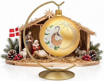 Eksklusiv Julekugle. Gør julen magisk med Maria og Jesus i guld. 10 cm