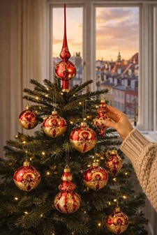 Topspir til juletræ. Rød spir med guld/hvid blomsterdekoration. 35 cm