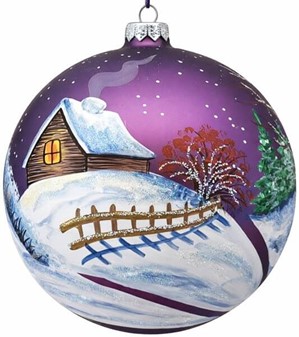 Violet stor julekugle mat med snemand og vinterlandskab. Ø 15 cm