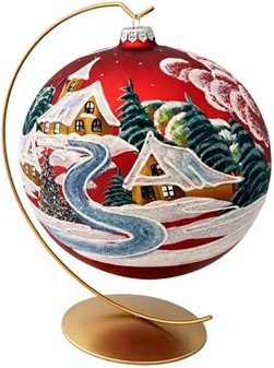 Store julekugler. Juleglaskugle i rød farve med vinterlandskab. Ø 20cm