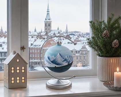 Eksklusiv julepynt. Blå juletræskugle med et vinterlandskab. Ø 10 cm