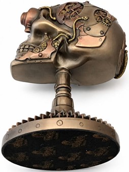 FIGURER STEAMPUNK. Unik bronzefigur af kranium på kædehjul stativ