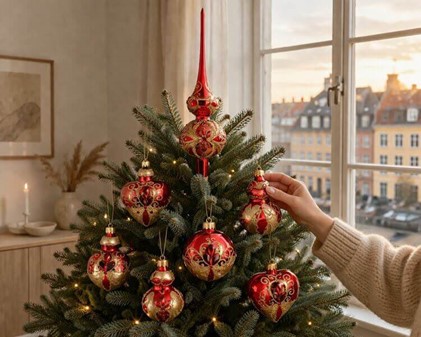 Glas topspir til juletræ i skinnende rød og gylden dekoration. 35 cm