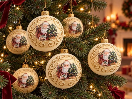 Nostalgisk julepynt: Hvide julekugler med julemand. Ø 8 cm, 6 stk