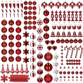 Røde plast julekugler til en stor fest. 153 stk 22 forskellige designs