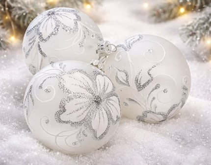 Polske gennemsigtige matte julekugler med hvid blomst. Ø 8 cm, 6 stk