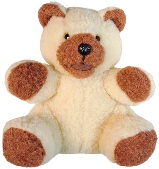 GAVER TIL BØRN. Dejlig og blød, uld maskot af siddende Bamse. H 35 cm