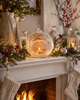 Unik glas julekugle i form lysestage-lanterne med guld vintermotiv