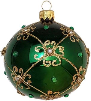 Håndmalede julekugler Polen, grøn blank med perler og gulddekoration