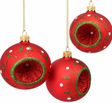 Julekugle med reflektor, mat karmin med grøn glitter, Ø 8 cm 6 stk