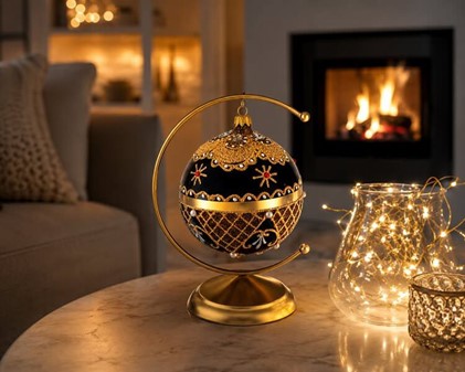 Guld-sort julekugle med hvide perler, røde og hvide krystaller, Ø 10cm