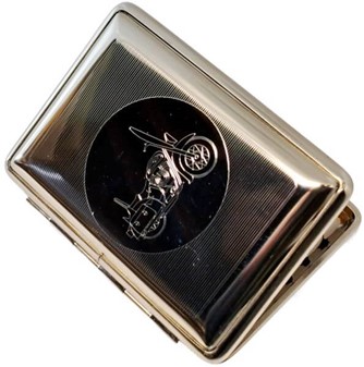 Lille metal cigaretetui med en indgraveret Harley Davidson motorcykel